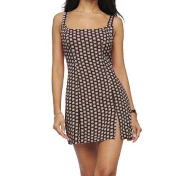 Reformation Noha Geo Print Square Neck Sleeveless Mini Dress In Brown 12 Large - Picture 10 of 10